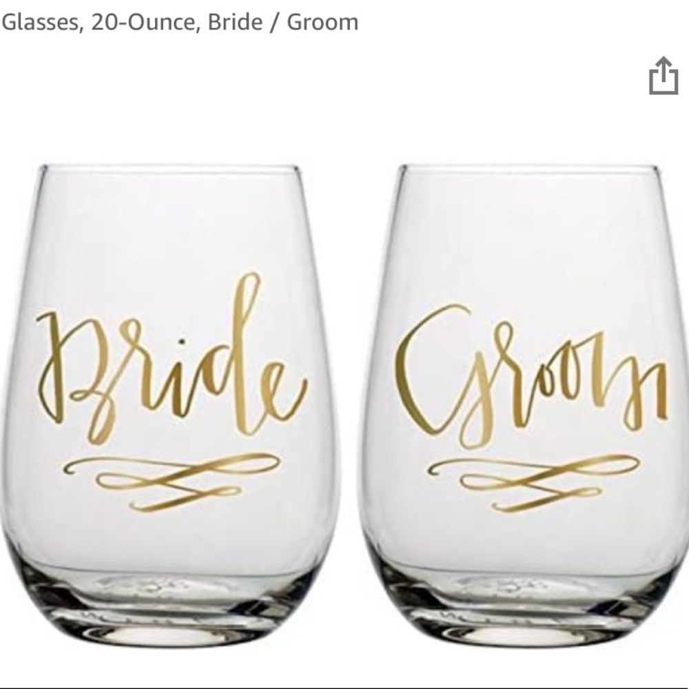 New in box stemless bride and groom wine glasses
